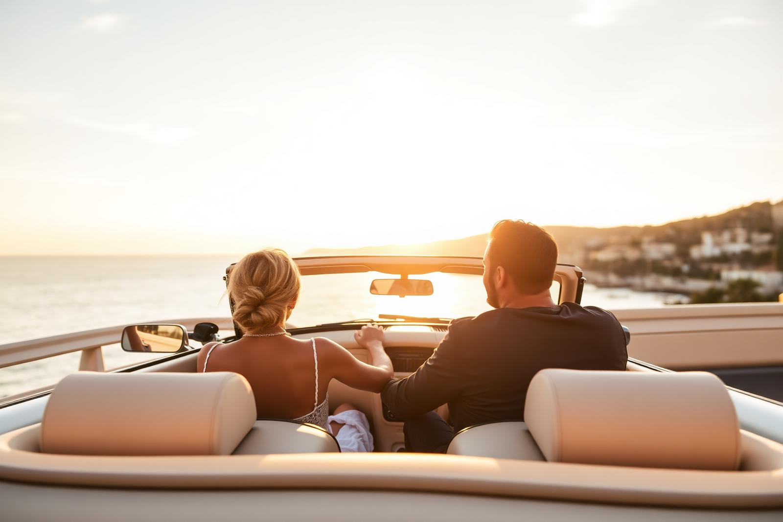 Couple cabriolet sunset